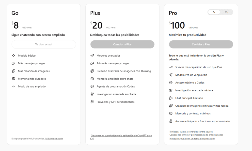 ChatGPT gratis vs Plus 2026 comparativa precios