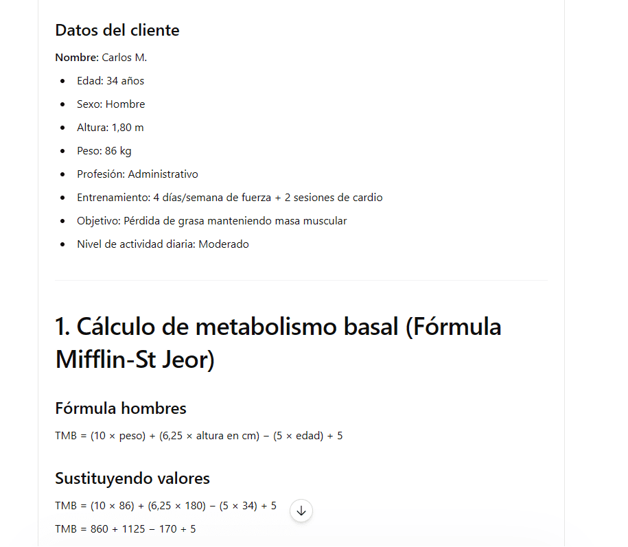 ChatGPT matemáticas cálculo calorías entrenamiento personal