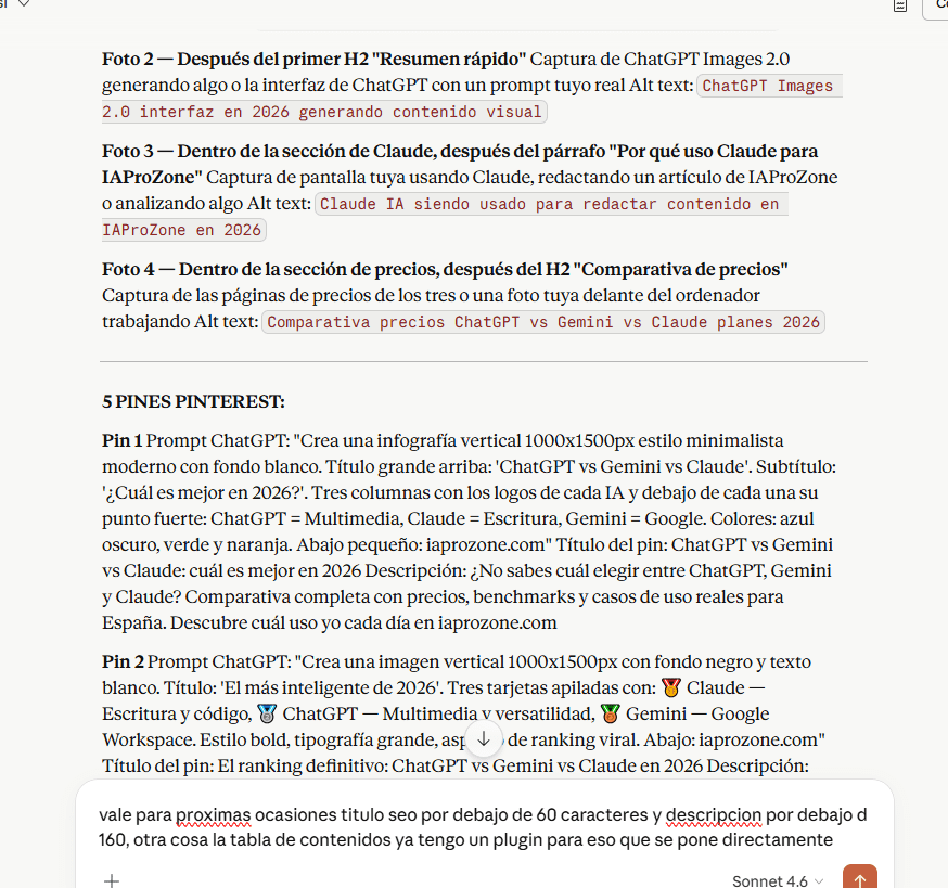 Claude IA siendo usado para redactar contenido en IAProZone en 2026