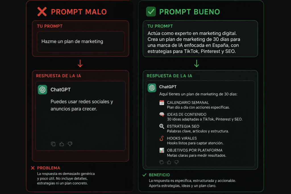 prompts ChatGPT español diferencia entre prompt malo y bueno