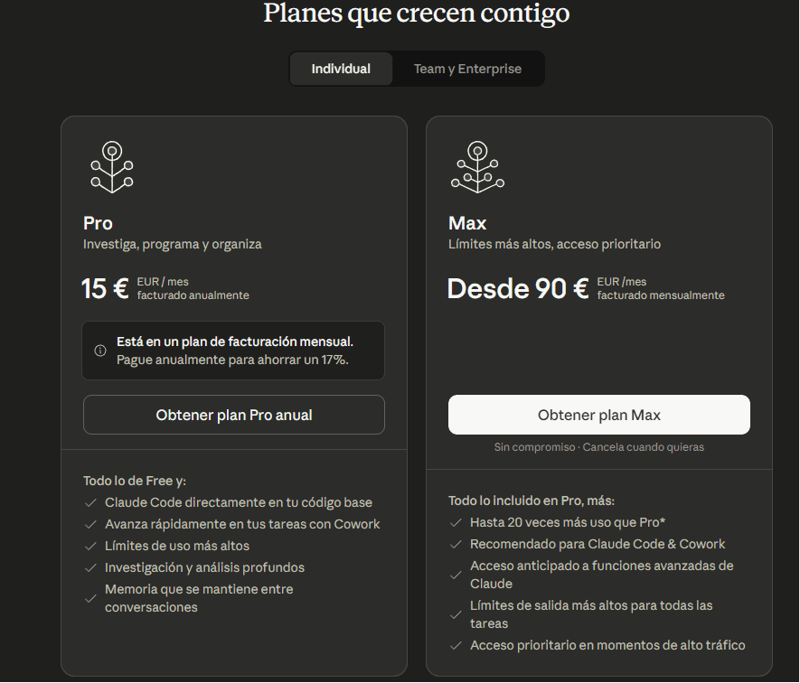 Claude IA en español plan Pro activo cuenta 2026